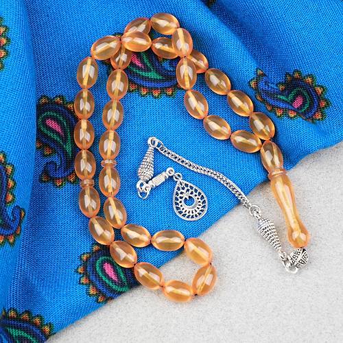 S�kma Kehribar Alpaka P�sk�ll� Beyzi Kesim 7x11mm Tesbih- �effaf Koyu Sar�