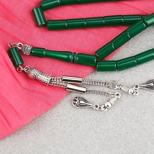 S�kma Kehribar Kesme Kesim Alpaka P�sk�ll� 6x10mm Tesbih- Ye�il