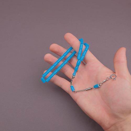 U�ak Cam� Kesme Kesim 6x10mm Tesbih Alpaka P�sk�ll� A��k Mavi