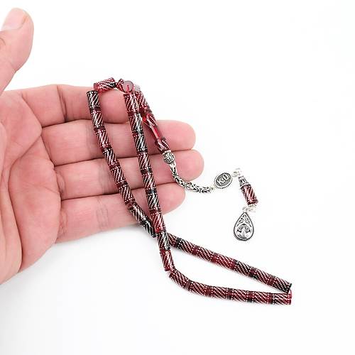 Ate Kehribar 925Ayar Gm akm ve Gm Pskl Kesme Kesim 5.5x9.5mm Tesbih -Krmz