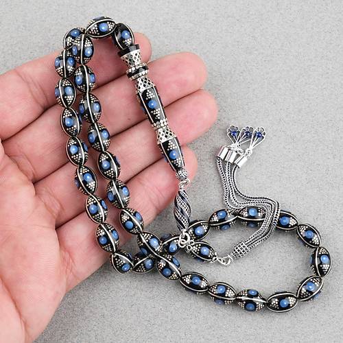 Erzurum Oltu 925Ayar Gm Katalin lemeli Nakka mame Beyzi Kesim 8x11mm Tesbih -Mavi