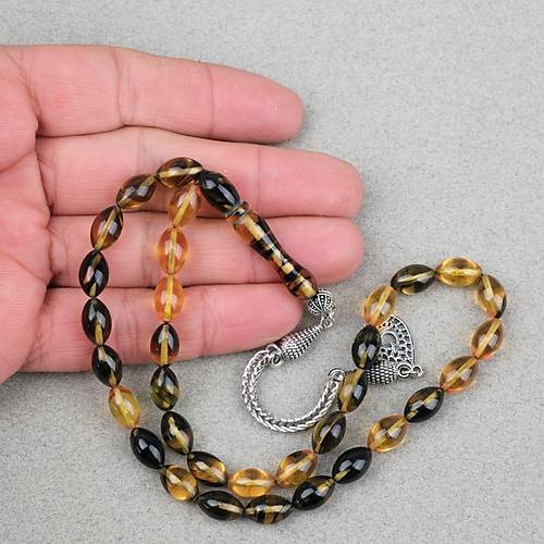 S�kma Kehribar Alpaka P�sk�ll� Beyzi Kesim 7x11mm Tesbih- Sar� Siyah