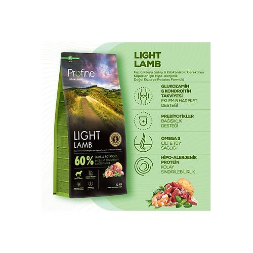 Profine Gluten Free Adult Lamb Light Glutensiz Diyet Kuzu Etli Yetikin Kpek Mamas 12 KG