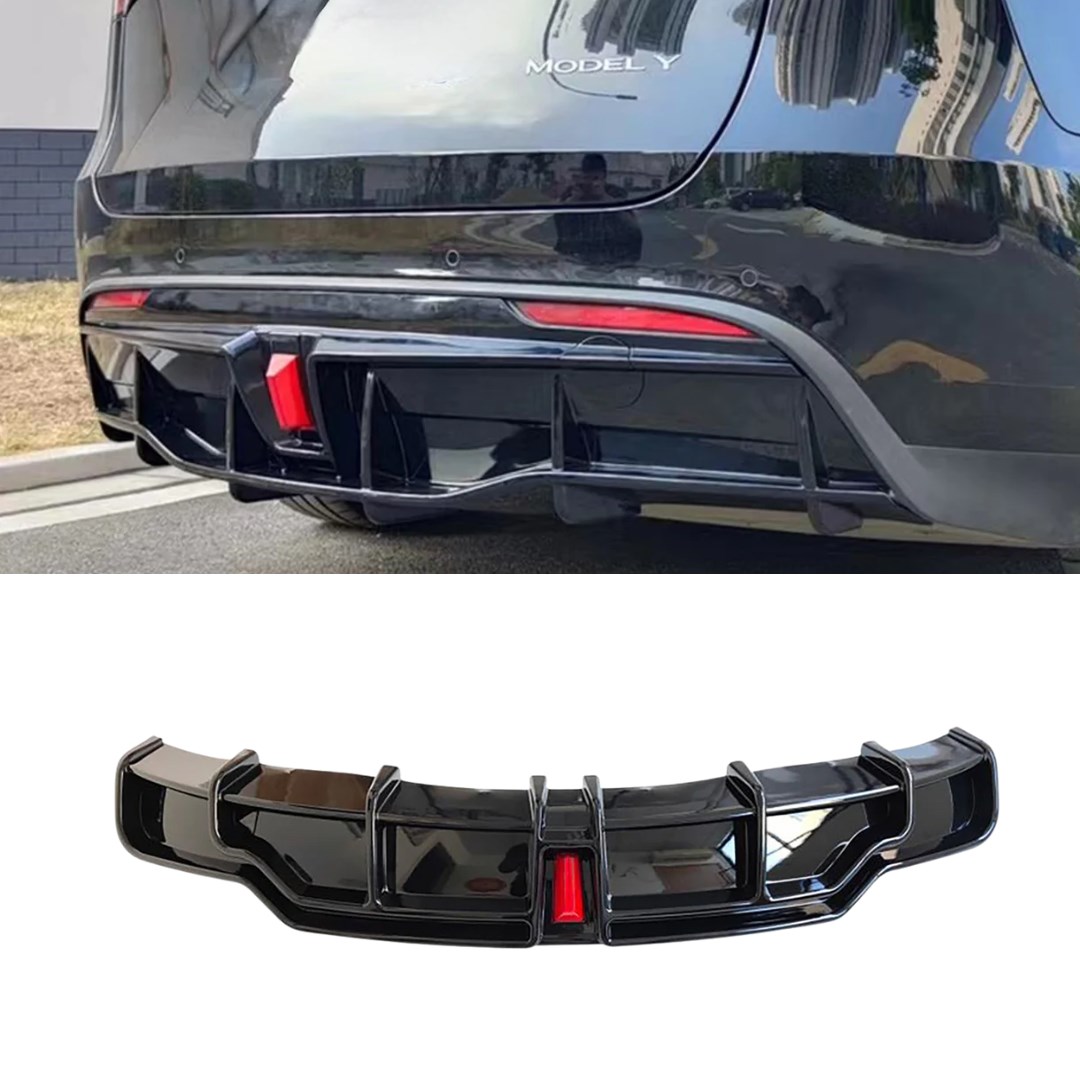 Tesla Model Y Arka Tampon Spoyleri, Yapışkanlı ve Işıklı Arka Difüzör, MatParlak Siyah Renk