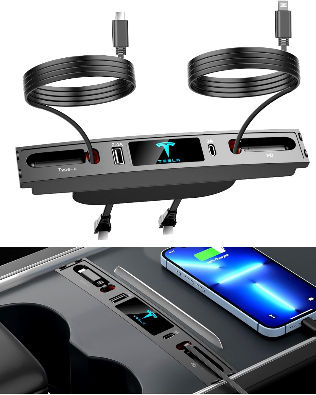 Tesla Model Y/ Model 3  Orta Konsol USB Girişi Teleskopik Hızlı Şarj Type C Ve Iphone PD uyumlu , Siyah Renk