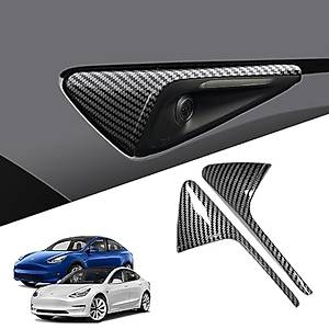 Tesla Model Y / Model 3 Yan Kamera �er�eve Kapa�� Karbon Kaplama, HW4.0, 2 Adet Set Olarak, Parlak Siyah Renk