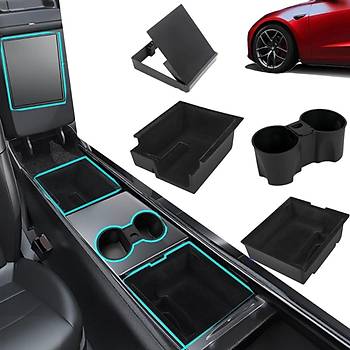 Tesla Model Y / Model 3 Orta Konsol Bardak Tutucu, Kol Dayama Alt ve  Dzenleyici, Siya