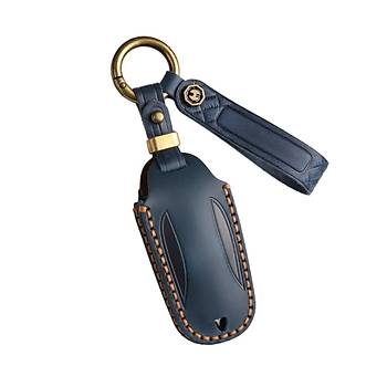 Tesla Model Y Deri Anahtar Kab, Anahtarlk , Mavi Renk