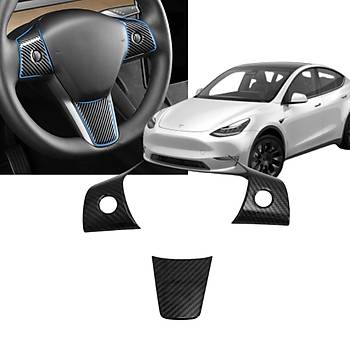 Tesla Model Y / Model 3 Direksiyon Simidi Dekoratif Kaplama Seti, 3 Adet Set, Karbon Mat Siyah Renk