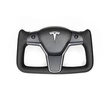 Tesla Model Y / Model 3 Yoke Stil Direksiyon Simidi, Alcantra Siyah Deri, Orta Mat ve Kenarlar Parlak Siyah, Karbon Fiber Kaplama, Istmal