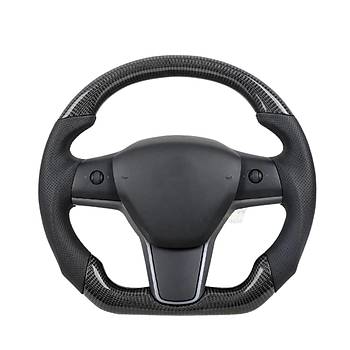 Tesla Model Y Delikli Deri Detayl, Orta Panel ve Yan Panel Mat Karbon  Fiber Siyah Kaplama, Direksiyon Simidi