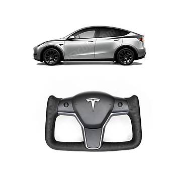 Tesla Model Y / Model 3 Yoke Stil Direksiyon Simidi, Alcantra Siyah Deri, Orta Mat ve Kenarlar Parlak Siyah, Karbon Fiber Kaplama, Istmal