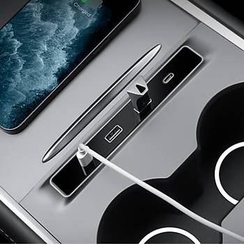 Tesla Model Y / Model 3  Orta Konsol Kaplamas USB Girii Hzl arj 4' l Kablo Merkezi, Siyah
