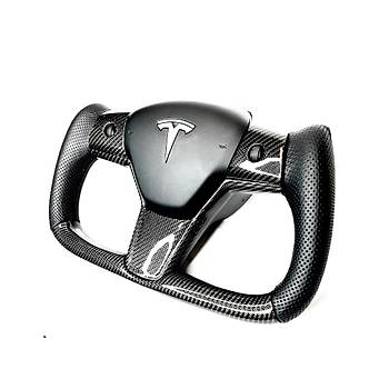 Tesla Model Y / Model 3 Yoke Stil Direksiyon Simidi, Delikli Deri, Orta ve Kenarlar Parlak Siyah Karbon Fiber Kaplama, Istmal