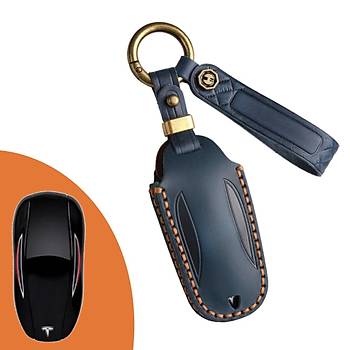 Tesla Model Y Deri Anahtar Kab, Anahtarlk , Mavi Renk