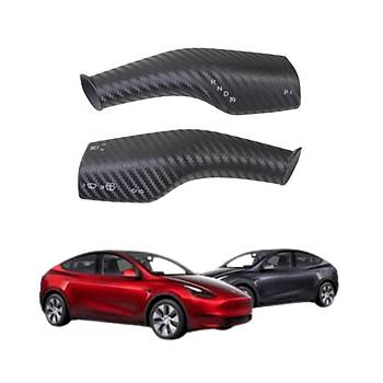 Tesla Model Y / Model 3 Direksiyon Kontrol Kolu Kaplama Seti, 2 Adet Set, Karbon Mat Siyah Renk