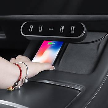 Tesla Model Y / Model 3  Katlanr Orta Konsol USB Girii Hzl arj 4' l Kablo Merkezi, Siyah