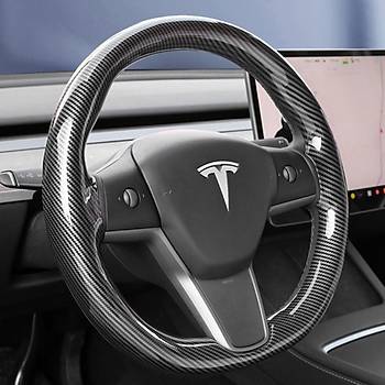 Tesla Model Y / Model 3 Direksiyon Simidi Tek Para Kaplamas, Karbon Parlak Siyah Renk