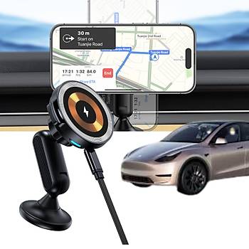 Tesla Model Y / Model 3 MagSafe Cep Telefonu Tutucu ve Kablosuz arj Edici, Mknatsl, Siyah Renk