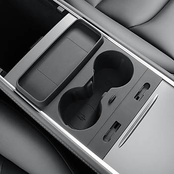 Tesla Model Y / Model 3 Orta Konsol Silikon Bardak, Telefon Tutucu ve Kablo Dzenleyici Siyah Renk