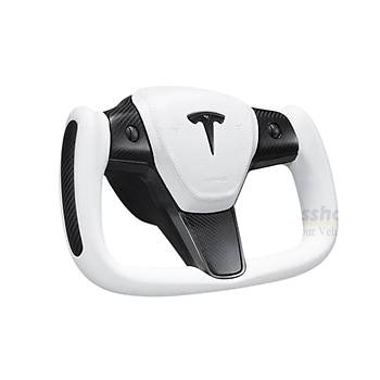 Tesla Model Y / Model 3 Yoke Stil Direksiyon Simidi, Napa Beyaz Deri, Siyah Kaplama, Siyah Tesla Logolu Beyaz Airbag Kapa, Istmal