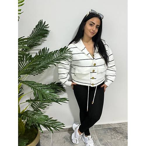 Beyaz izgili Kaponlu Ceket