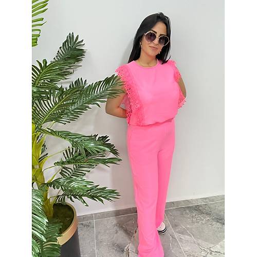 Dantel Detayl Neon Pembe Takm