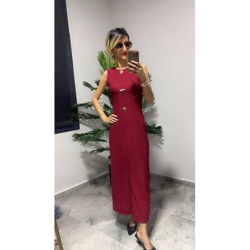 Gold Aksesuar Detayl Askl Elbise Bordo