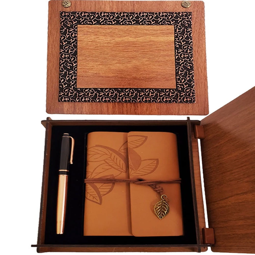 Ah�ap Kutulu Taba Renk Deri Defter Ve Kalem Set