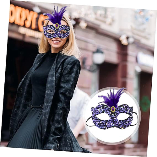 Siyah Kadife �zeri Rengarenk Payetli Pullu Mor T�yl� Mor Ta�l� Parti Maskesi 19x21 Cm