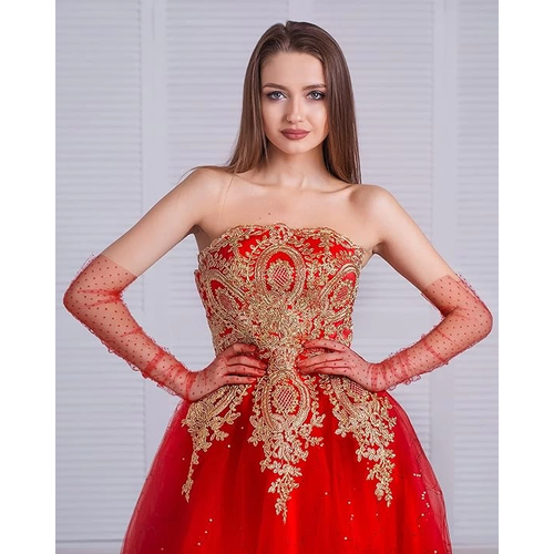 Uzun Boy K�rm�z� Puantiyeli K�rm�z� Renk Yeti�kin T�l Eldiven 55 Cm
