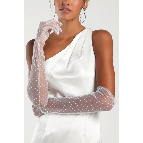 Uzun Boy Beyaz Puantiyeli Beyaz Renk Yeti�kin T�l Eldiven 55 Cm