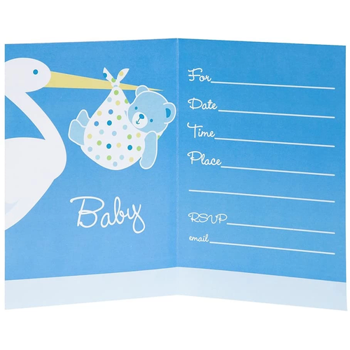Baby Boy Stork Temal� Mavi Renk Baby Shower Davetiye 8 Adet