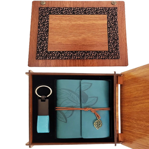 Ah�ap Kutulu Mavi Deri Defter Ve Anahtarl�k Set