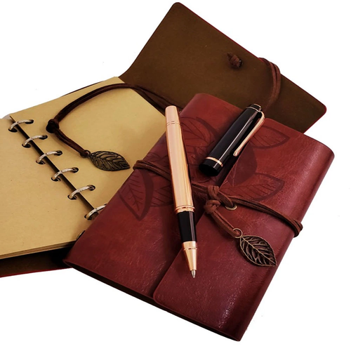 �zel Ah�ap Kutulu Kahve Deri Defter Ve Bak�r Roller Kalem Set