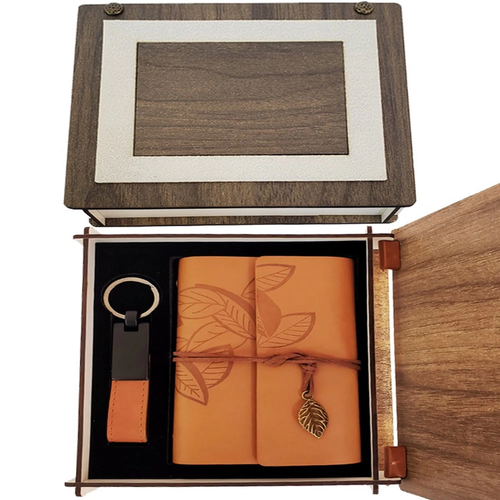 �zel Ah�ap Kutulu Taba Deri Defter Ve Anahtarl�k Set