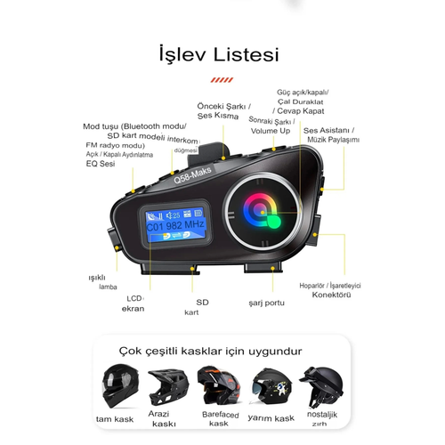 Q58-max Radyolu 2 Ki�i Ba�lant�l� Bluetooth Kask Kulakl�k Ekranl� Fenerli M�zik Ve Telsiz Intercom