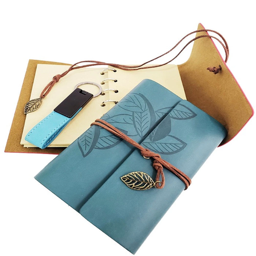 Ah�ap Kutulu Mavi Deri Defter Ve Anahtarl�k Set