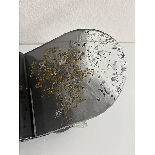 Siyah Renk iekli ve Yaz Motifli Epoksi Reine Rahle (zel Tasarm - Tek retim) - 37x19 cm