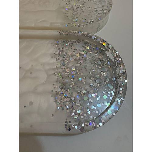 PELNCE - El Yapm 6'l Epoksi Sunumluk - nci Beyaz Gm Glitter & Varakl - Ebatlar: 17,5 x 9,5 cm