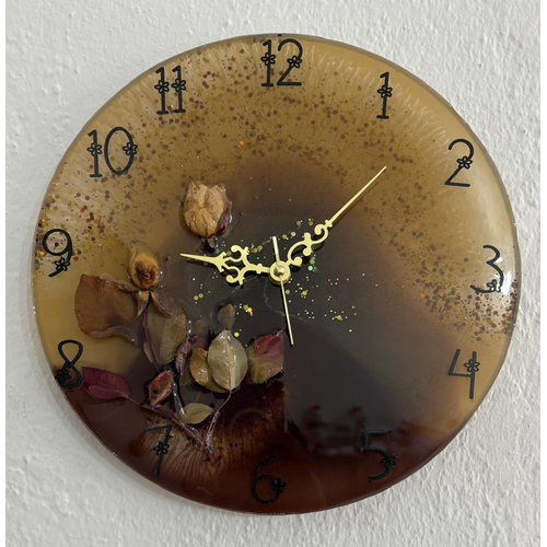 PELNCE - Beyaz Gl - Koyu Kahverengi - Epoksi Duvar Saati (zel Tasarm - Tek retim) - 30 cm