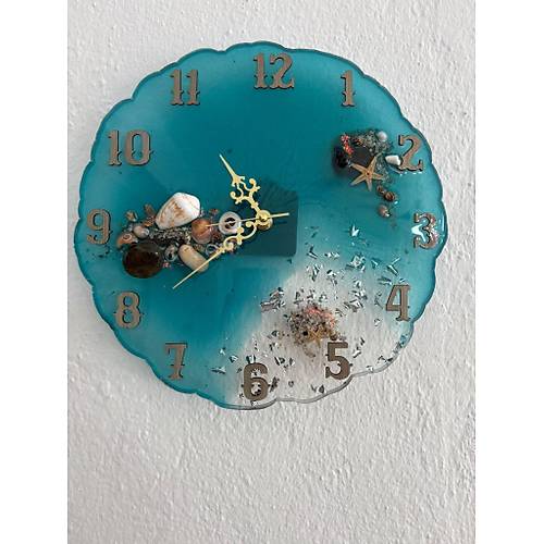PELNCE - Deniz Temal Epoksi Duvar Saati (Deniz Yldz, Kabuk & Talarla) - Turkuaz -30 cm