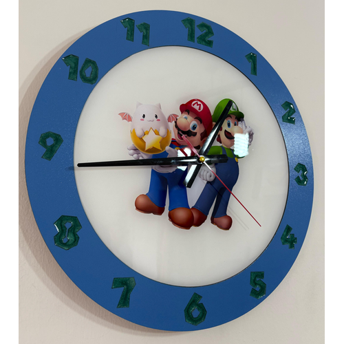 Super Mario & Luigi Duvar Saati - Ahap Lazer Kesim Epoksi Tasarm - 40 cm - Pelince Kids
