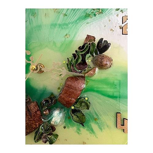 El Yapm Epoksi Duvar Saati | Kurutulmu Bitki Detayl | Yeil & Beyaz | 30 cm