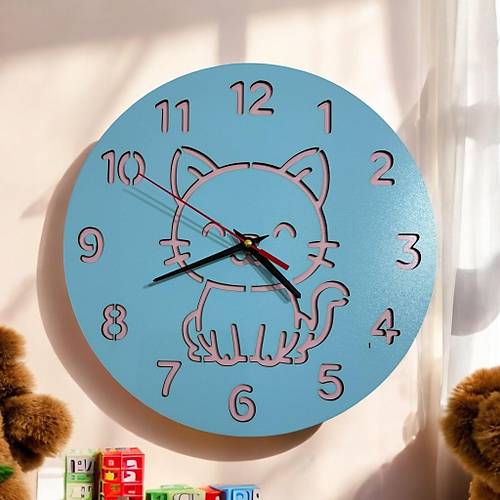 PELNCE KIDS - Kedi Temal Ahap ocuk Duvar Saati - 30 cm