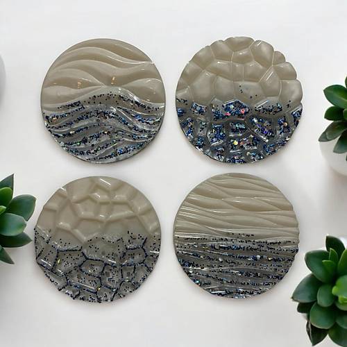 Epoksi Reine Bardak Altl - 4'l Takm - Beyaz ve Mavi Glitter - ap: 12 cm