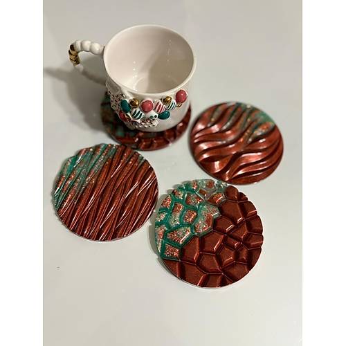 Epoksi Reine Bardak Altl - 4'l Takm - Krmz Yeil Gliterli - ap: 12 cm