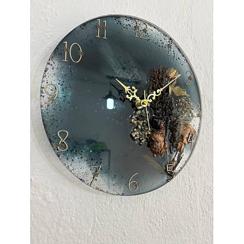 PELNCE - Kuru Gl ve Doal iekli - Siyah - Epoksi Duvar Saati (zel Tasarm - Tek retim) - 30 cm