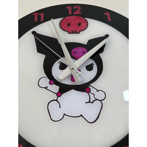 Kuromi Duvar Saati - Ahap Lazer Kesim Epoksi Tasarm - 40 cm - Pelince Kids