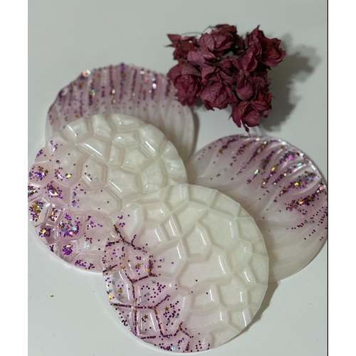 Epoksi Reine Bardak Altl - 4'l Takm - Beyaz Mor Glitter Geometrik - ap: 12 cm